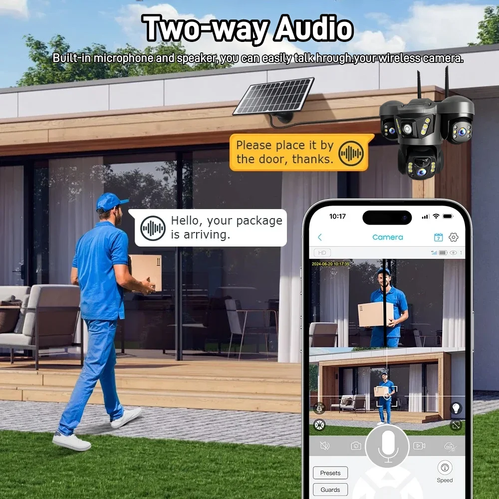 Telecamera WIFI solare 3 lenti Rotazione PTZ impermeabile Sorveglianza Rilevazione umana wireless Sicurezza domestica intelligente Telecamere IP V380 CCTV