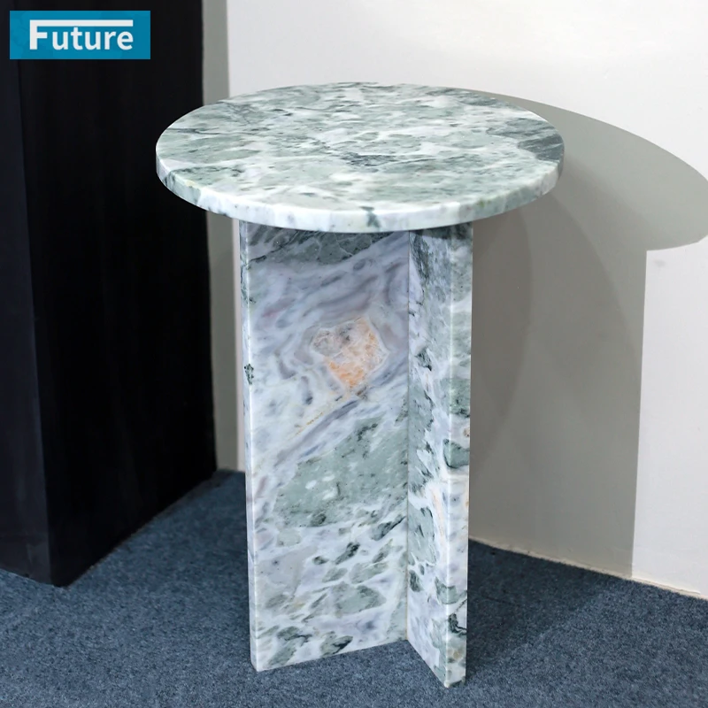Factory Price Luxury Calacatta Green Marble Stone Side Table Tea Table End Table with T Shape Leg for Apartment Villa Hotel