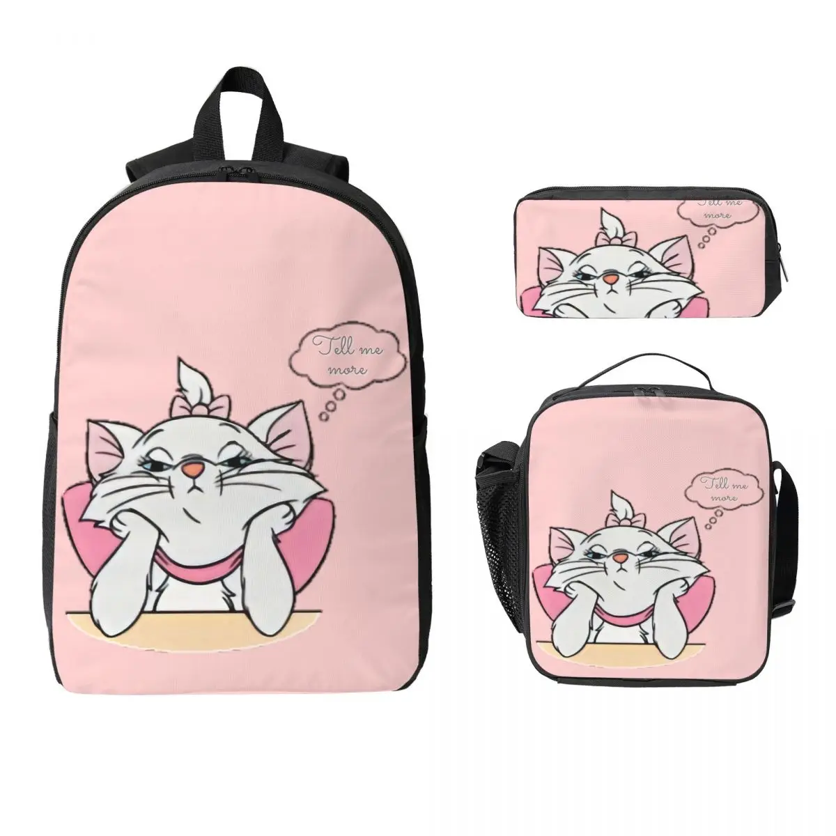 

Tell Me More. Marie Cute Cat. Thinking Cat Backpack Student Boys Girls BookBag School Bag 3ps Insulated Lunch Bag Pencil Case