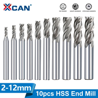 XCAN HSS Milling Cutter 4 Flute End Mill 10pcs 2-12mm for CNC Machine Milling Tools Router Bit Metal Cutter Aluminum Milling Bit