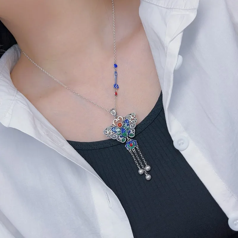 Silver 925 Exquisite Enamel blue-green Butterfly Pendant Tassel Retro Ethnic Style Auspicious Cloud Necklaces Wedding Jewelry