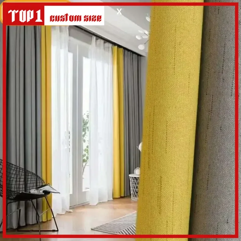 

Solid Yellow Gray Vertical Stripe Jacquard Cotton Linen Patchwork Curtains For Living Room Bedroom French Window Customized