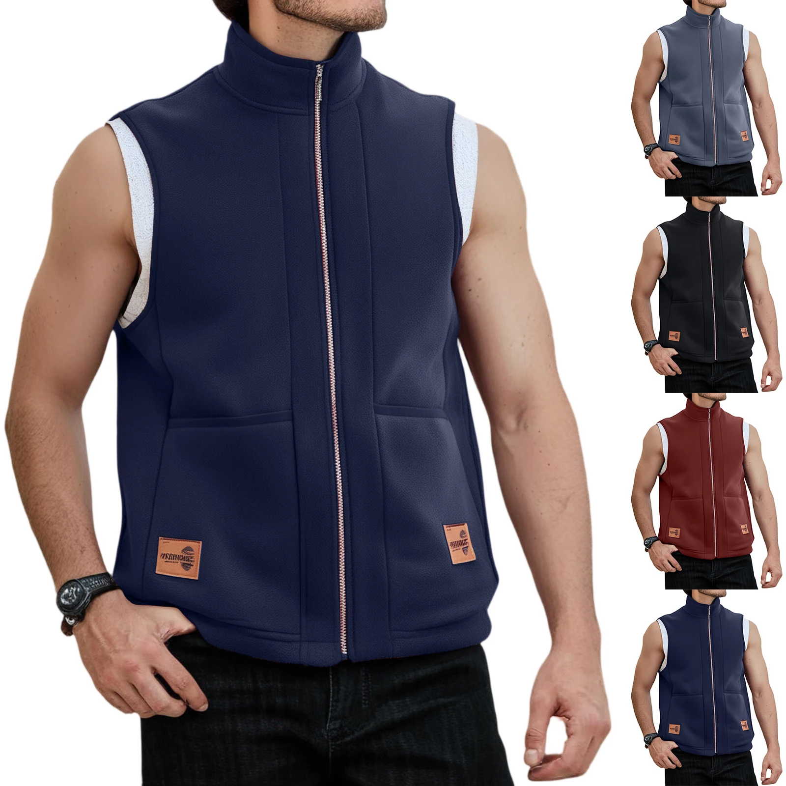 

Men's Fashion Lamb Fleece Thermal Vest Casual Stand Collar Sleeveless Cotton Vest Coat Top Male Double-Sided Fleece Vest Jacket