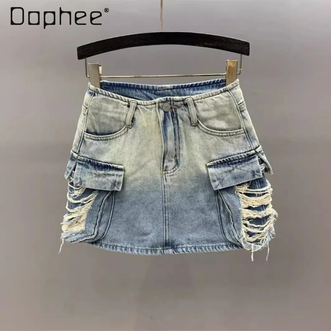 Gradient Denim Skirt Ripped Big Pockets Side Street Women 2024 Summer New Fashion A Line Wrap Hip Jeans Mini Skirt Blue Black