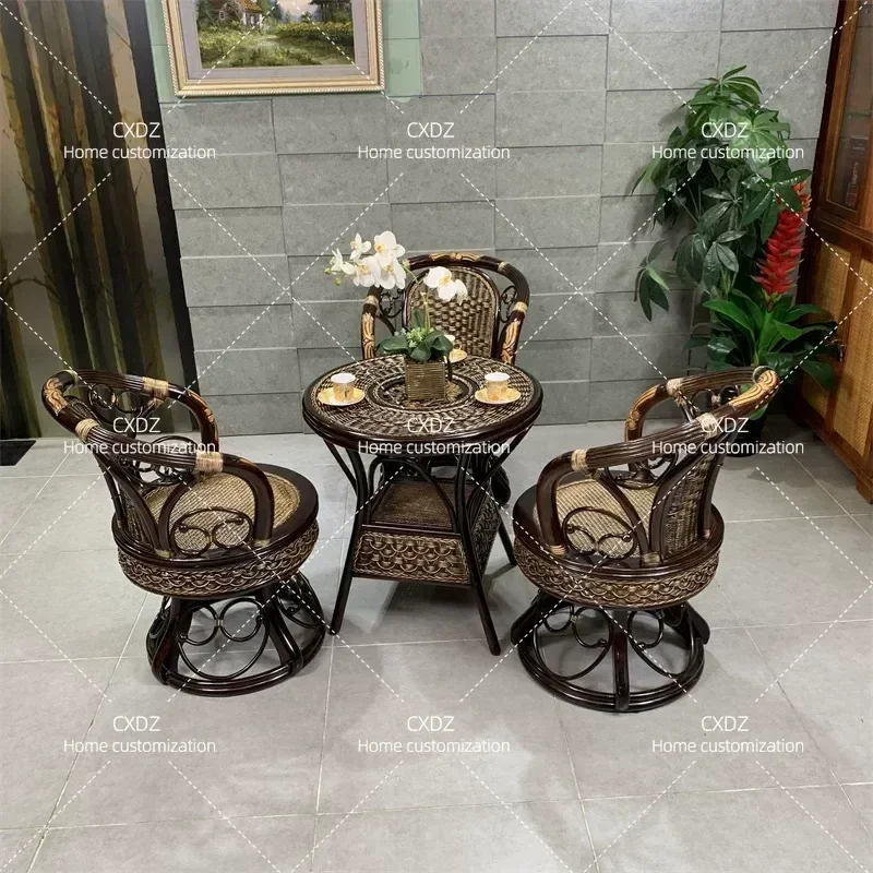 3 Piece Real Rattan Chair Set with Rotating Single Backrest Casual Woven Tea Table and Stool Combo for Home Balcony Sunroom
