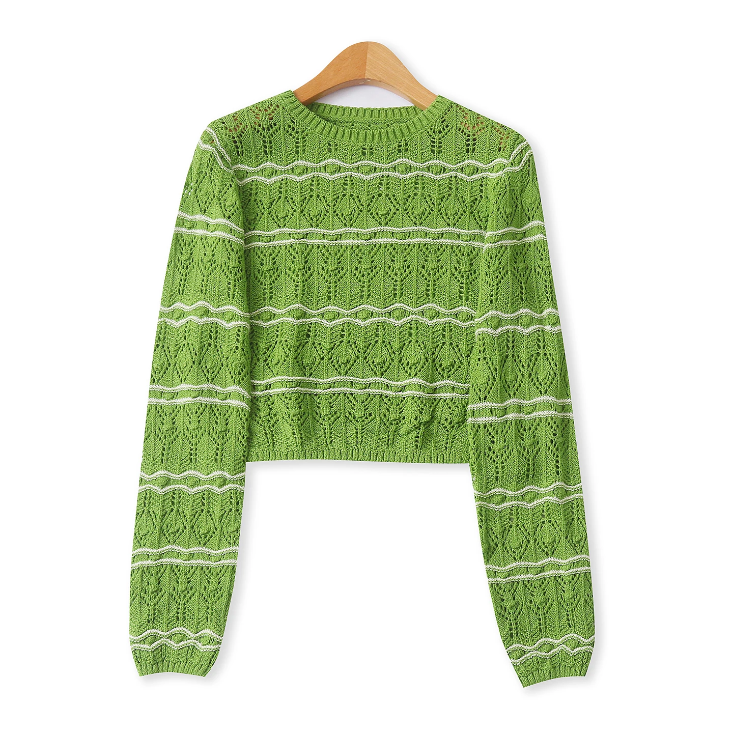 

Slim Fit Long Sve Knitted Sweater Hollow out round Ne ort Sle Striped Yarn Women's Autumn New Sle Faionable Commute