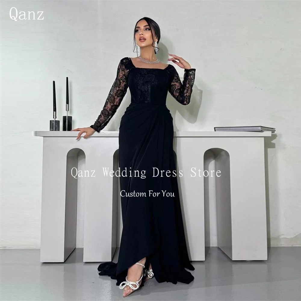 

Qanz Black Evening Dresses Woman Lace Appliques Mermaid Long Sleeves Party Dresses High Slit Formal Occasion Dresses Customized