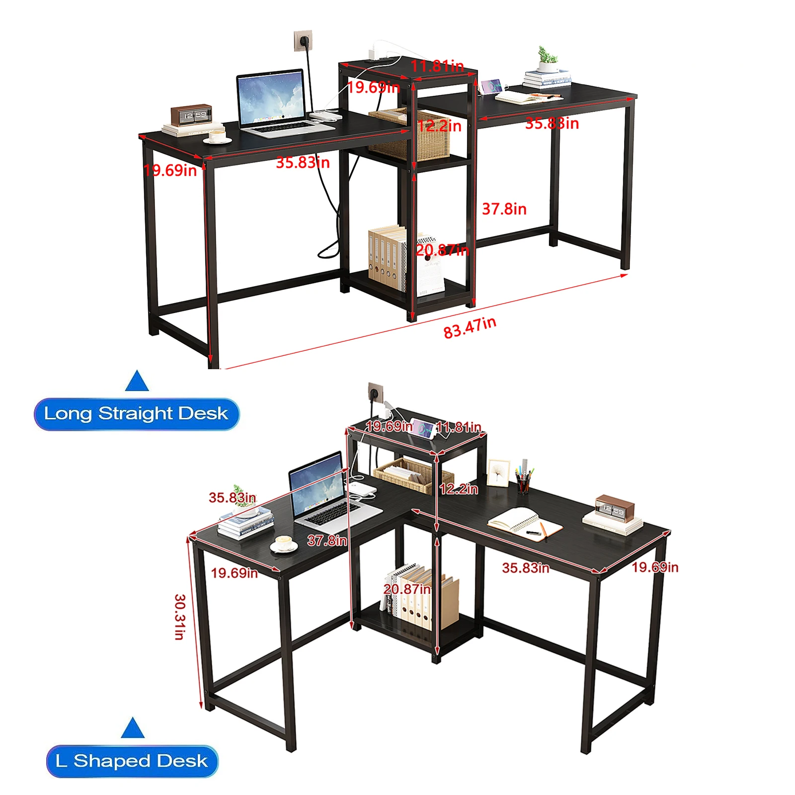 مكتب مكتب YQ JENMW على شكل حرف L مع مقبس طاقة ومساحة تخزين، مكتب كتابة لشخصين #4