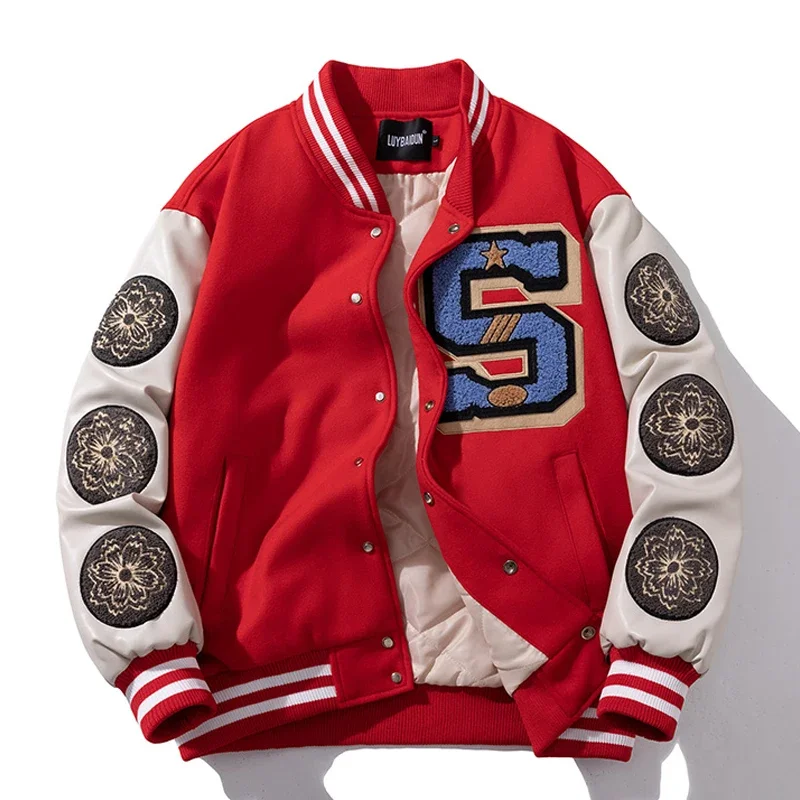 Chaqueta de béisbol de manga de cuero para hombre y mujer, abrigo de lana de retazos, Parkas de Hip Hop, botones, marrón y rojo, grueso y cálido, invierno