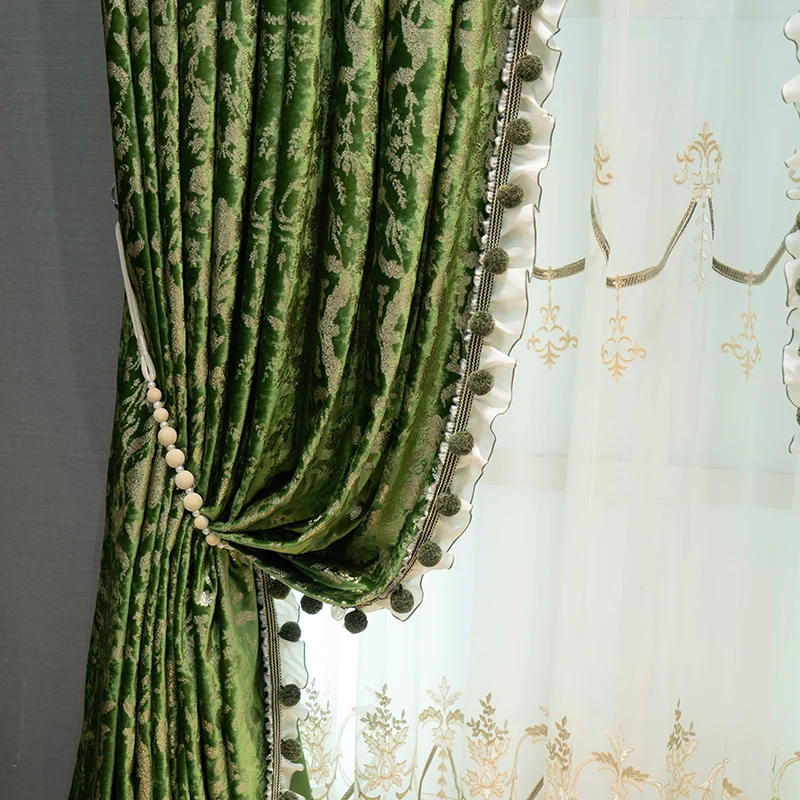Vintage Green Velvet Gold Embossed Jacquard Curtains for Living Room Bedroom Dining Room Study Room
