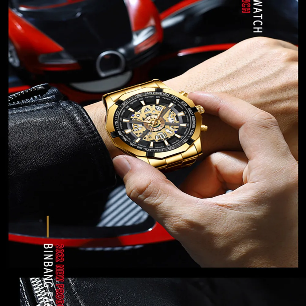 BINBOND 033 New Quartz Watch Men Waterproof Night Light Leisure Business Hollow Watches for Men Relogios Masculino Montre Homme