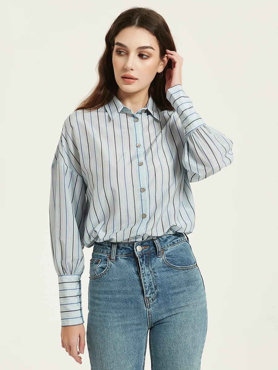 SuyaDream Women Striped Shirts Drop Sleeves Loose Chic Blouses 30%Silk 70%Cotton 2023 Spring Summer Printed Top Light Blue