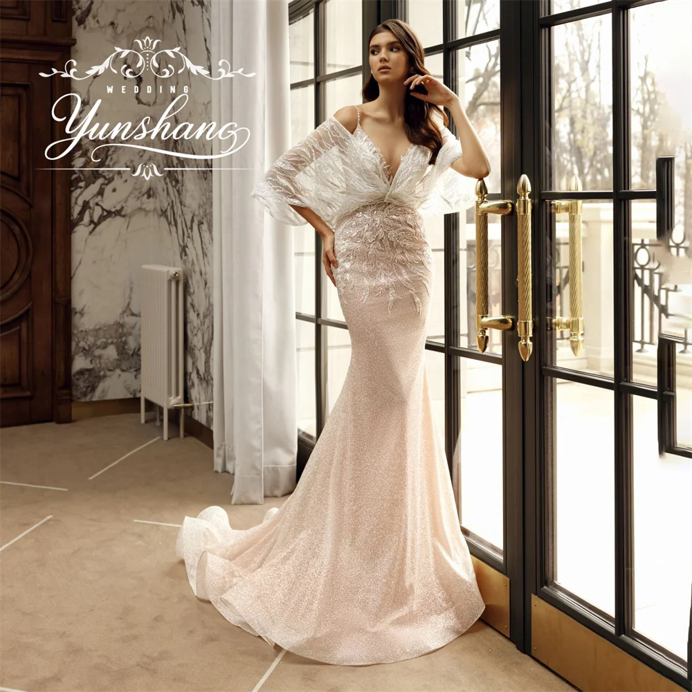 Yunshang personalizado sparking sereia vestido de casamento com decote em v sem mangas sem costas apliques trem varredura bordado lantejoulas mais novo