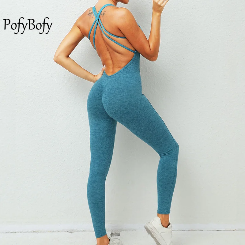 

PofyBofy Quick Dry Crisscross Backless Sexy Peach Scrunch Butt Bra Padded One Piece Sleeveless Tight Yoga Gym Jumpsuit Leggings