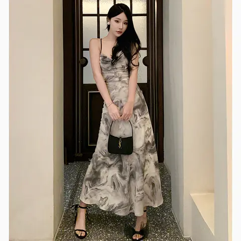 Women Tie Dye Dress French Elegant Spaghetti Strap Off Shoulder Female Midi Dress Summer New Bandage Sexy Ladies Vestidos