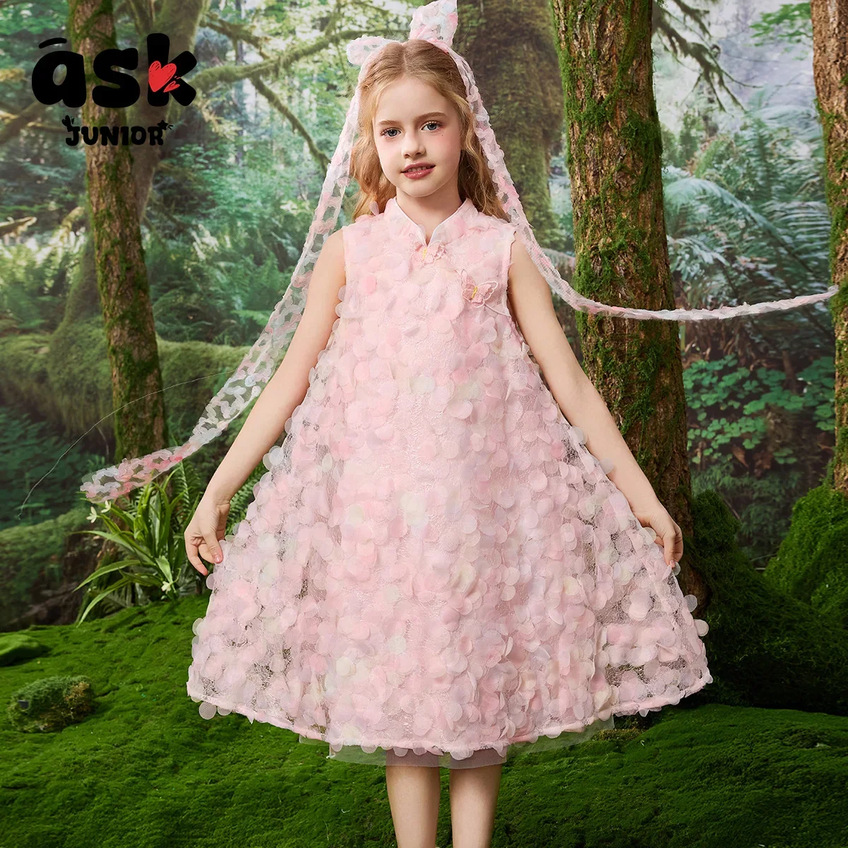 فستان ASK Junio RGirls ثلاثي الأبعاد مطرز لطيف بياقة واقفة بدون أكمام #2