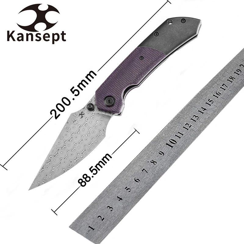 

Складные ножи Kansept Fenrir K1034Z2 3,48 дюйма, дамасская с черной полостью, титановым + фиолетовыми шпильками и флиппером для большого пальца Micarta для охоты