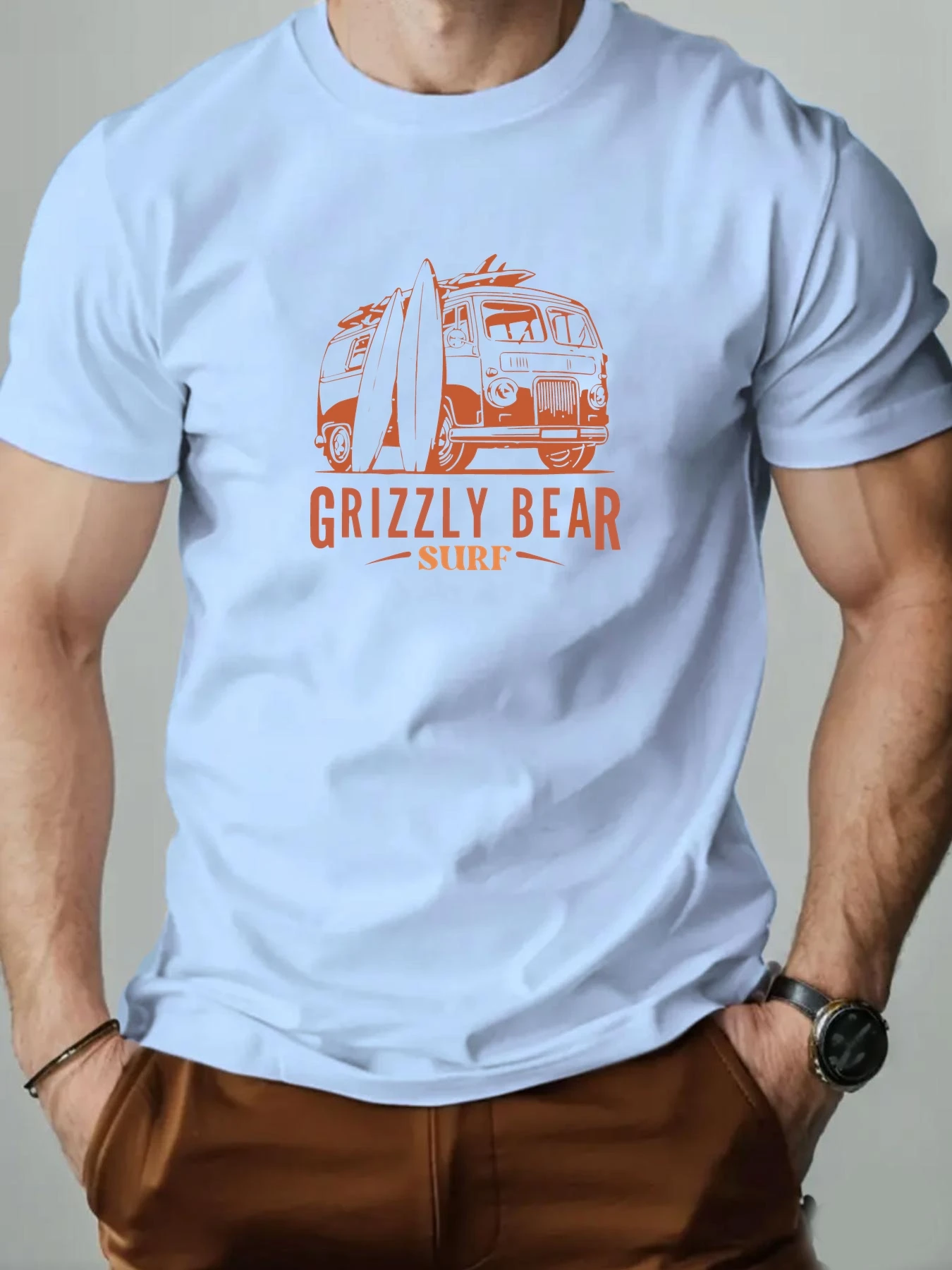 

Men's Surf Car Graphic Print T-shirt Summer Casual Comfortable O-neck Short Sleeve Tee Seaside Surfing Sports Top Street Clothes