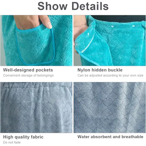 Men's Large Wearable Bath Towel Wrap - 1pc Coral Fleece Bathrobe with Adjustable Elastic Pocket - Quick Dry & Soft Home Bath Rob