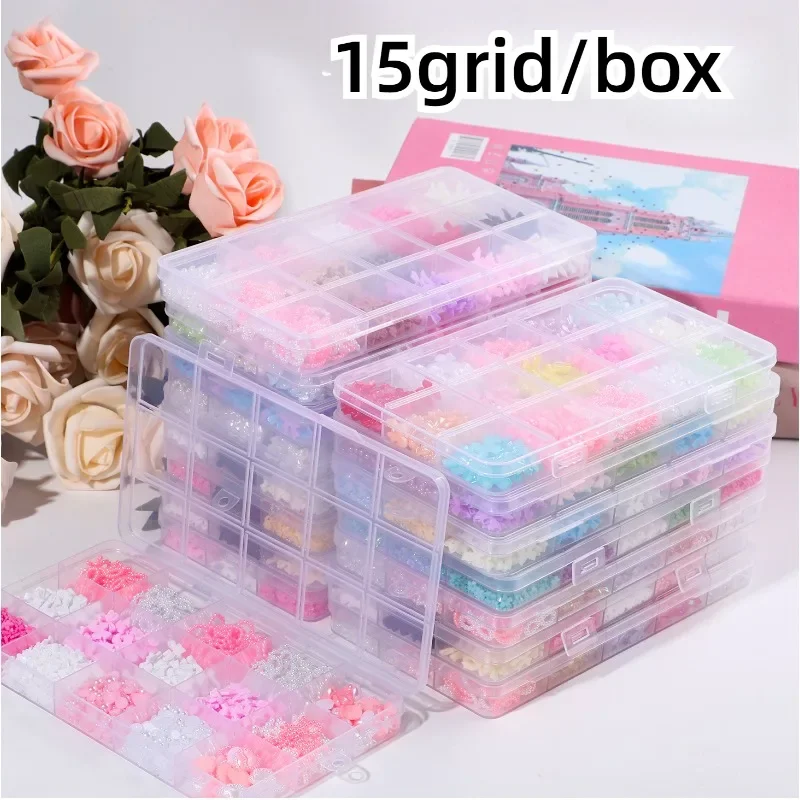 15 Gitter/Box Schmuck DIY Nail Art Zubehör gemischte Bogen Band Nail Art Harz Charms fünf blättrige Blume ausgehöhlt Perle Set