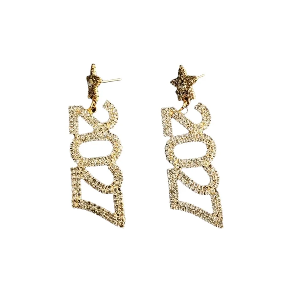 Trendy Elegant 2027 Digital Earrings Rhinestone Long Drop New Year Earrings Shiny Fashion Long Drop Earring Christmas