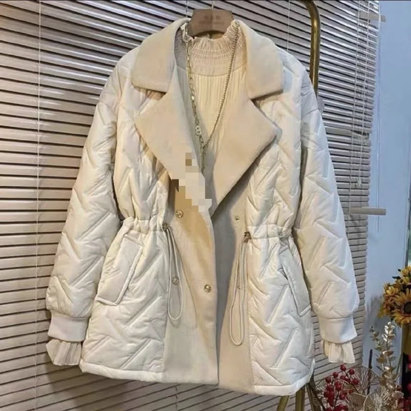 Women's Autumn Winter Top Coat Cotton Coat Solid Color Waist Drawstring Pocket Large Size Warm Retro Simple New Niche Versatile