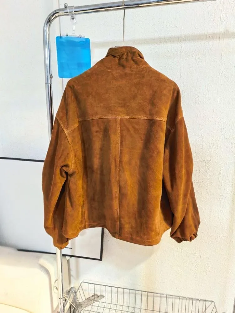 Weibliche Zipper Herbst Winter Kurzen Mantel Vintage Echtem Wildleder Jacke Slim Fit Mode Frauen Elegante Stehkragen Lose Tasche