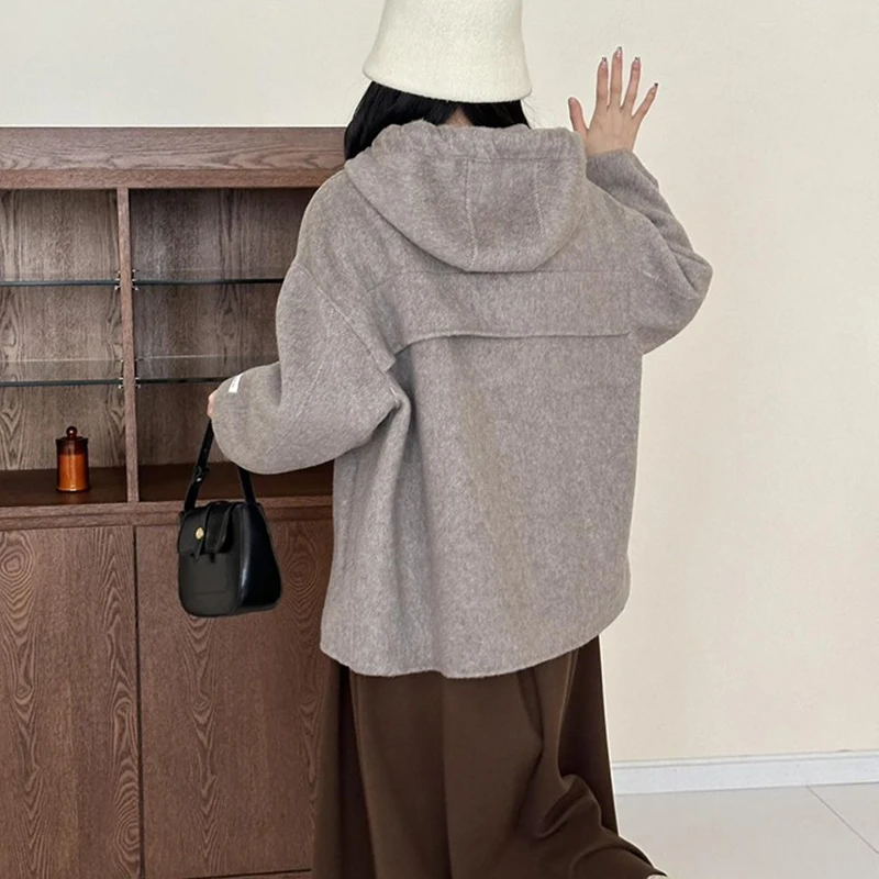 Autumn Winter Women's Hooded Double-sided Cashmere Coat for Women Korean Style Butterfly Bow Loose Woolen Coat for Women