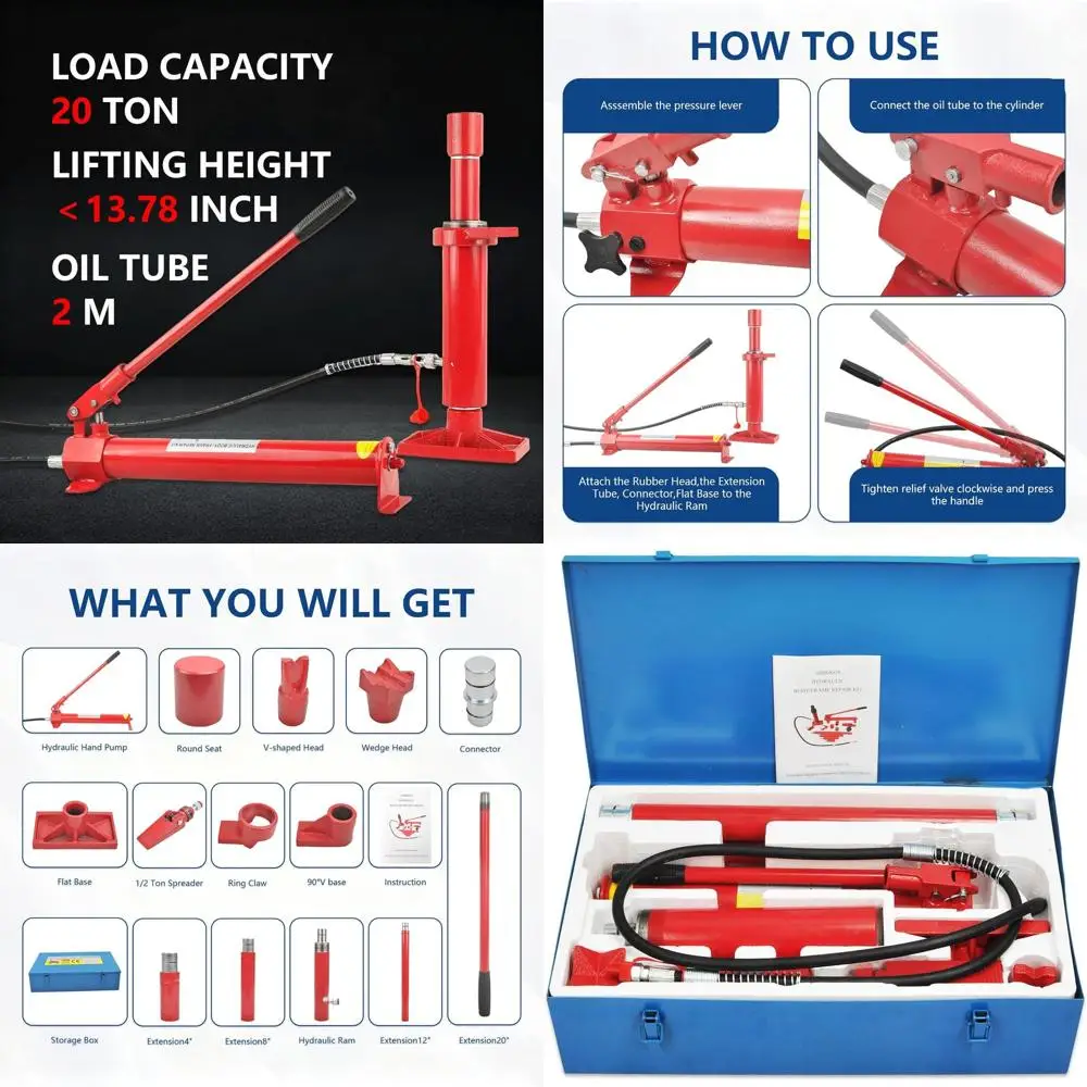 

Гидравлический набор Porta Power на 20 тонн с масляным шлангом 2 м (78,7 дюйма), портативный гидравлический домкрат с насосом и кейсом для хранения для автомобилей