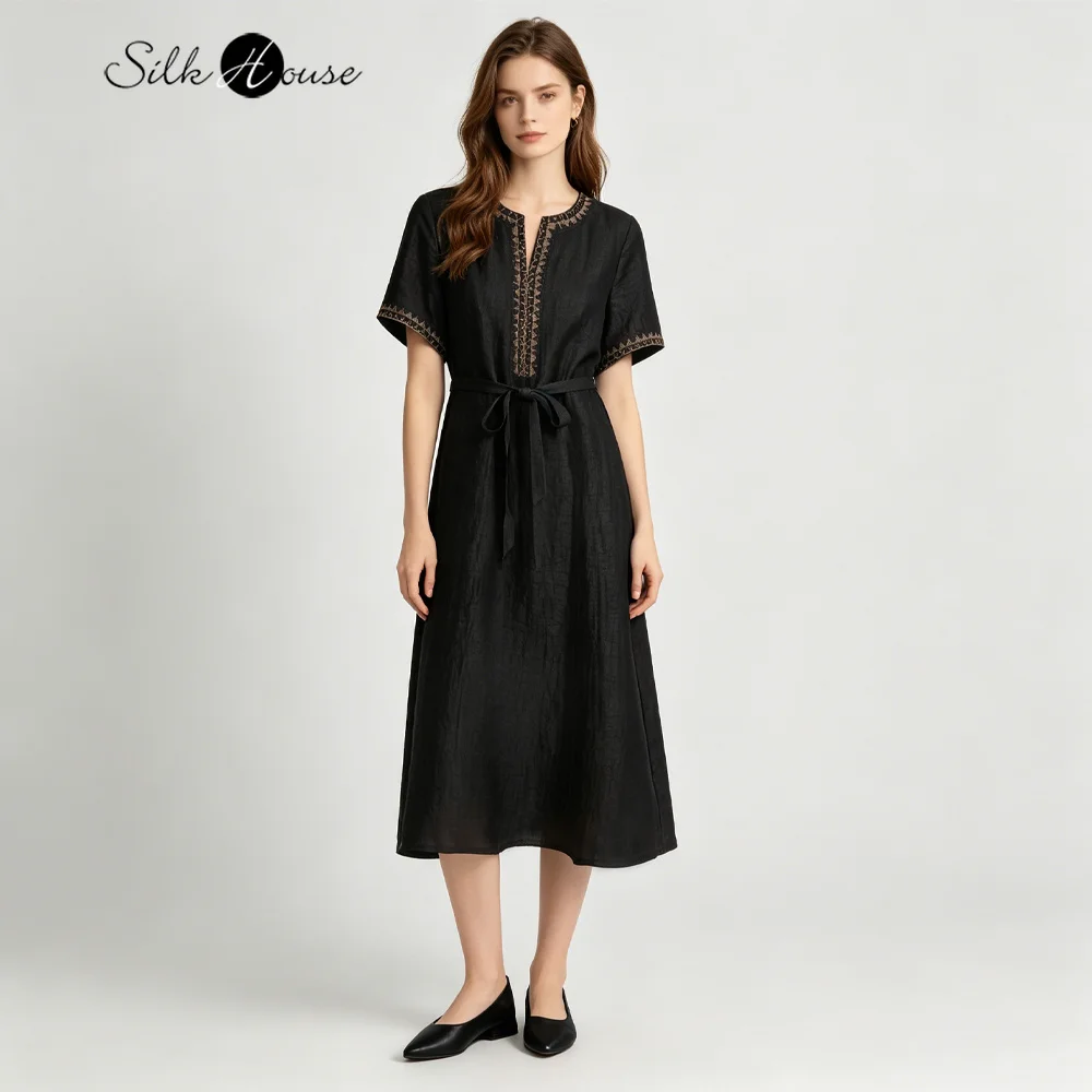 

2026 Women's Summer New Pearl Embroidery 100% Natural Mulberry Silk Gambiered Guangdong Gauze Versatile Short Sleeved Dress