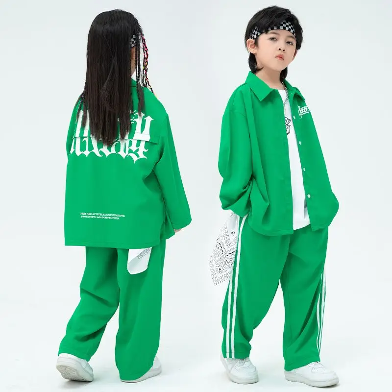 새 소년 힙합 느슨한 셔츠 거리 댄스 스포츠 세트 소녀 녹색 블라우스 운동복 의류 아동 streetwear 어린이 십대 의상