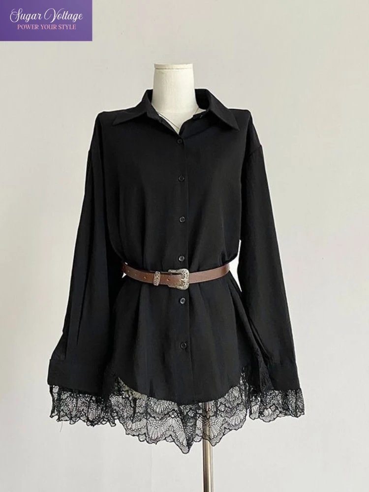 Camicia francese elegante in pizzo gotico da donna Camicetta nera a maniche lunghe primavera autunno con cintura Top chic coreani vintage slim fit Novità