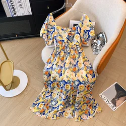 150Kg Plus Size Women's Bust 137-160 Summer Loose Short Sleeved Square Neck Floral Dress 5XL 6XL 7XL 8XL 9XL