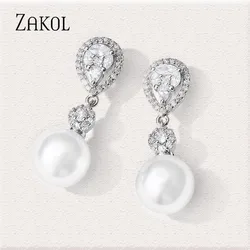 ZAKOL  TRENDY Fashion Pearl Dangle Earrings Luxury Jewelry for Women AAA Water Drop Cubic Zirconia Wedding Earring EP2869