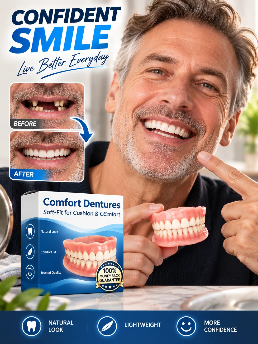 Natural False Teeth Dentures Full Set Soft Flexible Adjustable Denture for Eating Comfort Fit Silicone Real Look