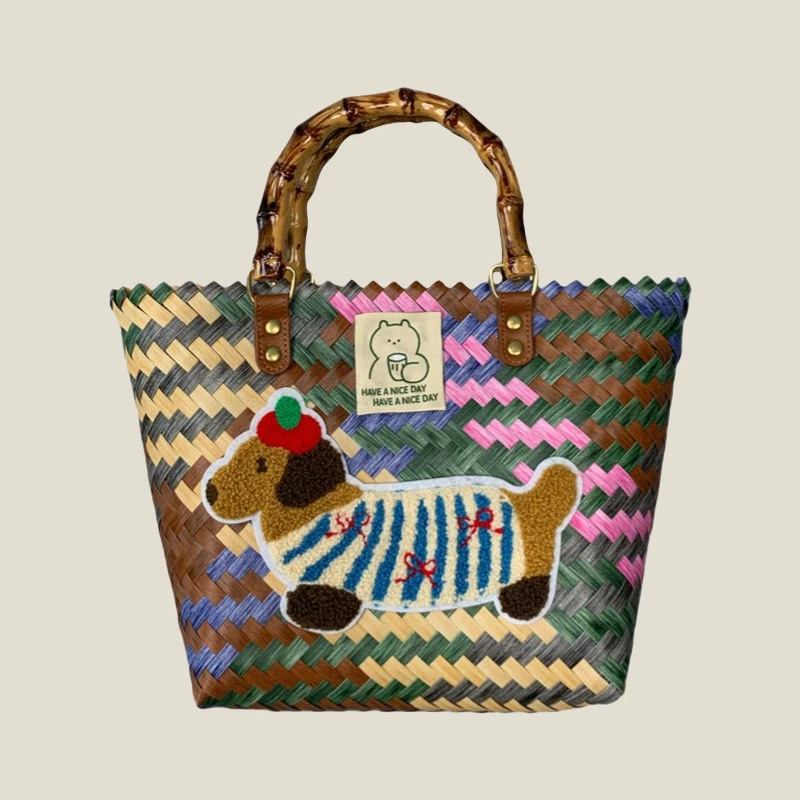 Retro Striped Dachshund Dog Woven Bag Trendy Cute Handbag Large Capacity Tote Bag Fashion Bamboo Handle Vegetable Basket Bag