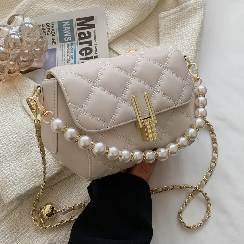 

New 2025 Summer Premium Ins Bag - Niche Diamond Pearl Chain, Fashion Versatile Crossbody Vacation & Daily Use
