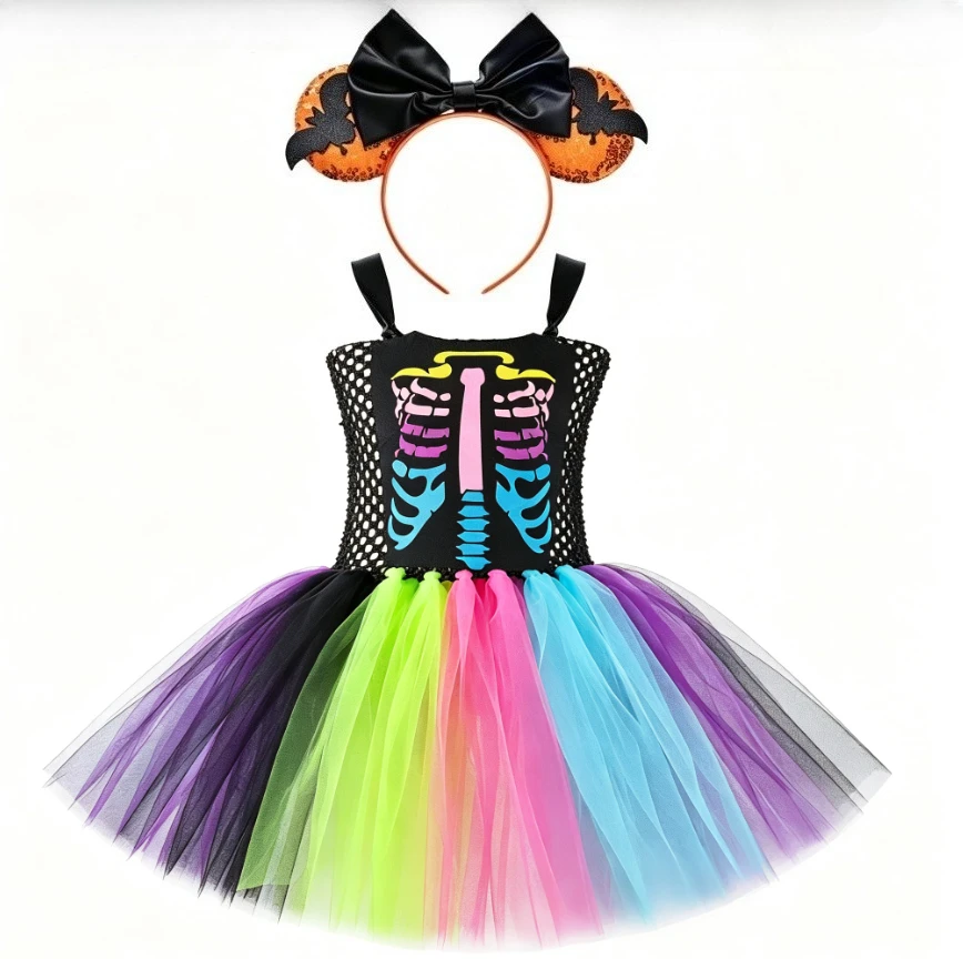 Children Halloween Carnival Party Role Play Colorful Skull Style Fashion Layered Tulle Tutu Dress With Sequin Headband Outfit