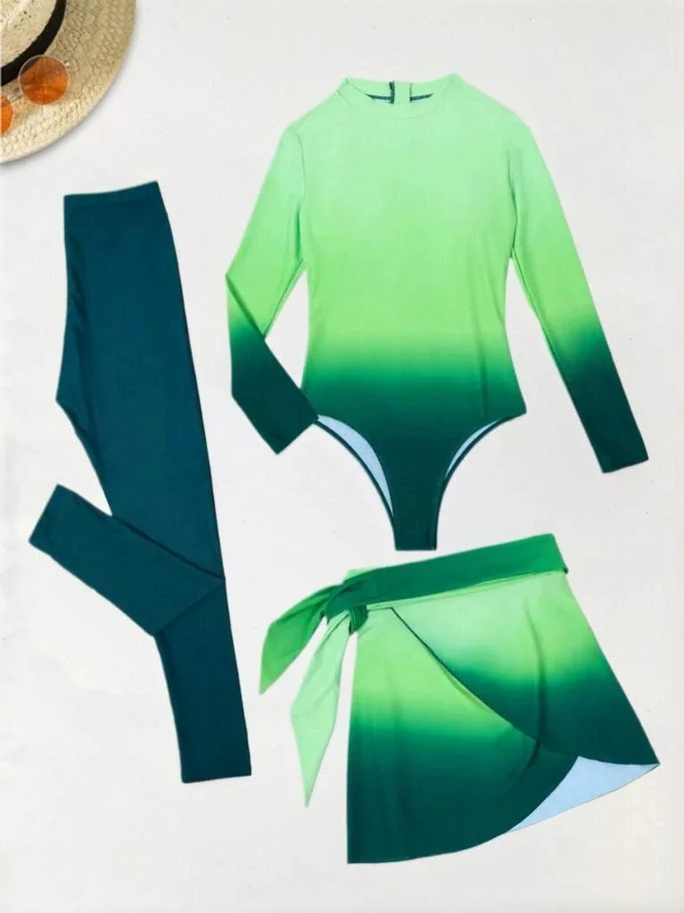New burkini Femmes Muslim Womens Swimwear Three-piece Gradient Green Long Sleeved Trousers Sunblock Swimwear Summer Beach Wear ​