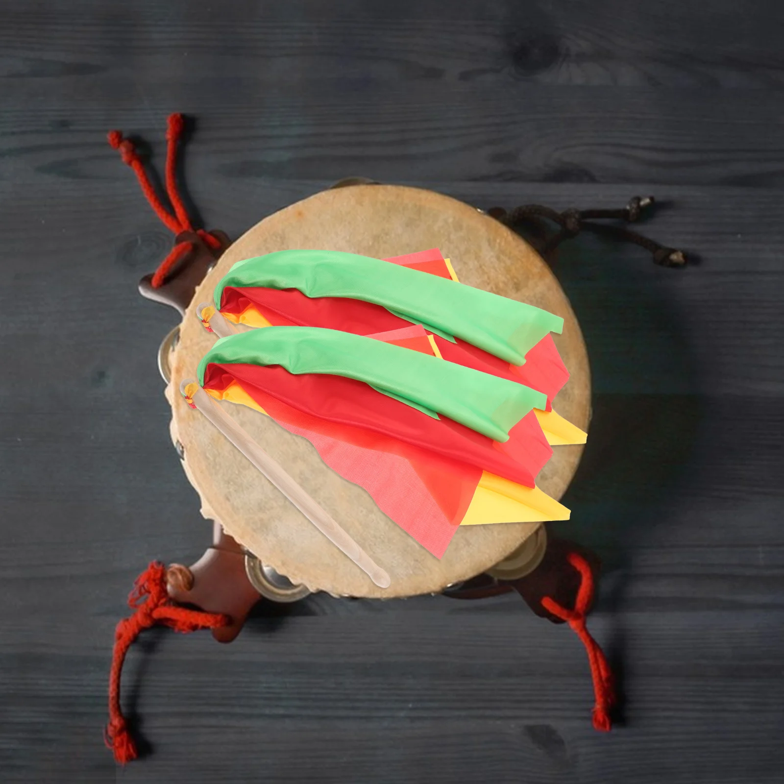 

1Pair Waist Drumsticks Wooden Sticks Red Yellow Green Scarves Rhythmic Gymnastics Dance Instrument for Adults