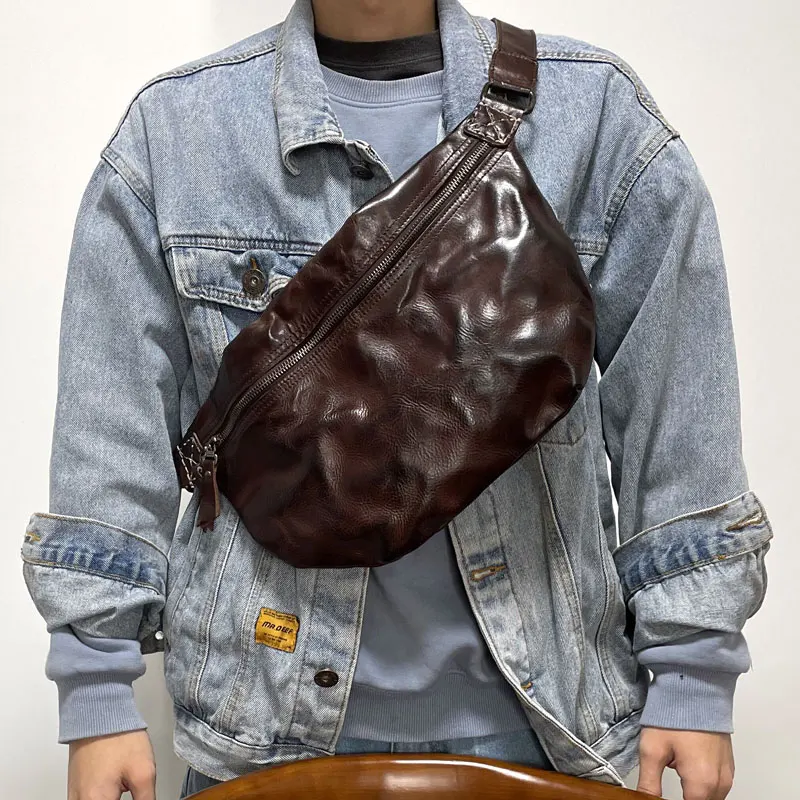 

PNDME outdoor daily sports luxury genuine leather men's chest bag casual designer handmade cow leather motorcycle crossbody bag