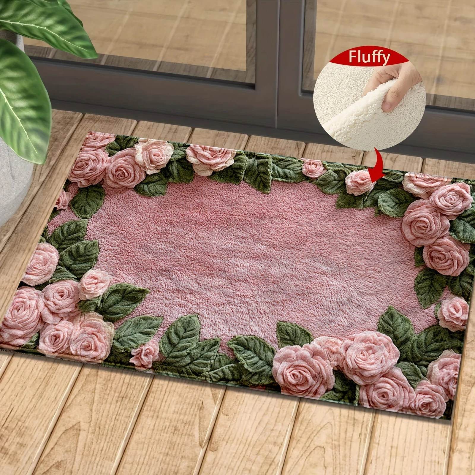 Imitation Cashmere Pink Rose Pattern Anti Slip Bath Mat, Ultra-Fine Fiber Machine Washable, Low Fleece Blanket, TPR Backing,