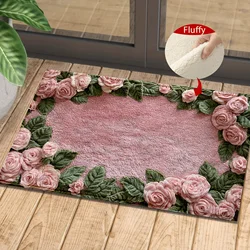 Imitation Cashmere Pink Rose Pattern Anti Slip Bath Mat, Ultra-Fine Fiber Machine Washable, Low Fleece Blanket, TPR Backing,