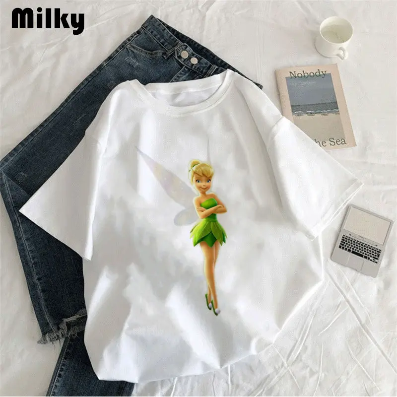 Summer Women\'s T Shirt Fairy Style Hiphop Cartoon Tinker Bell Short Sleeved T-shirt Women Ins Top Y2k Vintage Oversized T Shirt