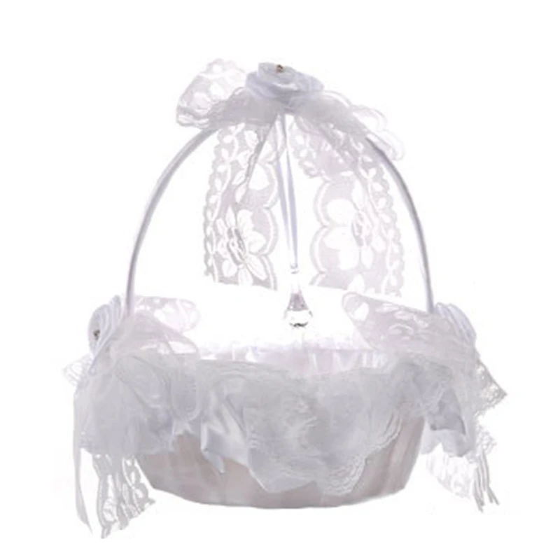 

Flower Girl Basket with Handle White Small Cloth Baskets with Lace Bow and Faux Flowers Decor for Wedding Ceremony