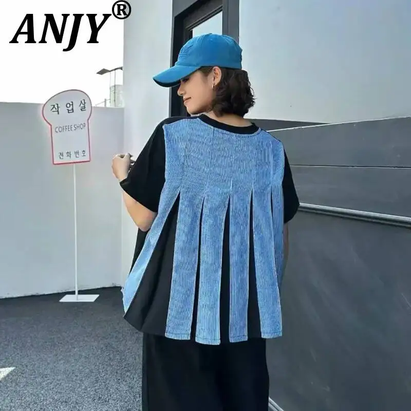 

ANJY Новая летняя женская футболка с коротким рукавом, плиссированная, в стиле пэчворк, модная, свободная, повседневная, с контрастными цветами, A22859