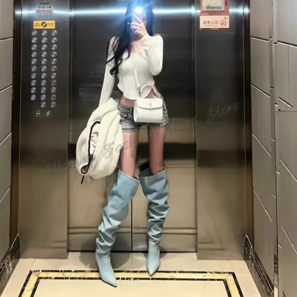 데님 플리츠 슬립온 부츠 니하이 스틸레토 하이힐 여성용 패션 힐 2025 신상 여성화