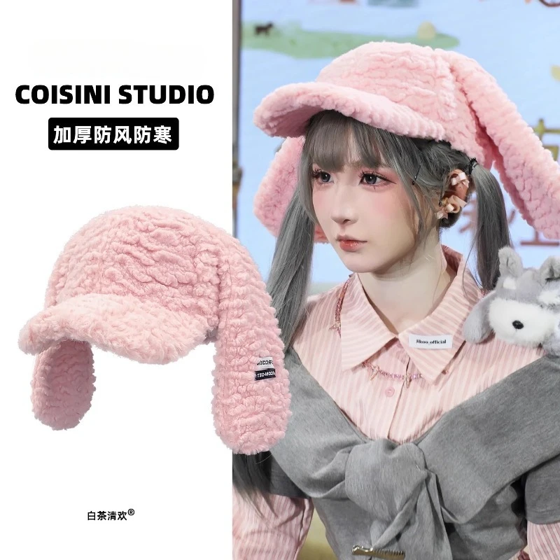 Y2K الحلو الوردي أفخم أرنب الأذن قبعات البيسبول للنساء شتاء دافئ تنوعا الشارع الاتجاه شخصية الهيب هوب القبعات للرجال