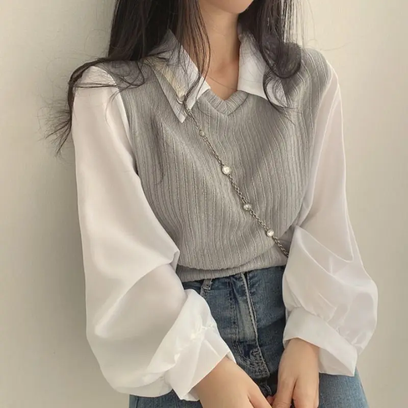 Spring Blouses Women Retro Fake Two Piece French Style Chic Long Sleeve Ladies Tops All-match Knitted OL Blusas Mujer Cozy Fall