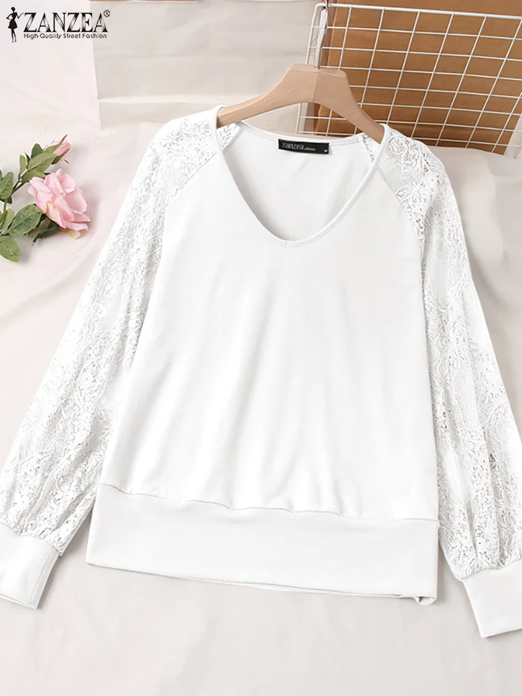 ZANZEA Long Sleeve 2023 Fashion Shirts Sexy V Neck Casual Autumn See-through Blouse Women Elegant Lace Splicing Knitted Tops